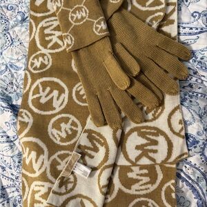 Michael Kors Camel and White MK Logo Knit Scarf with Matching Gloves